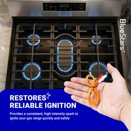 Hand holding a DG94-00540A surface burner igniter spark electrode for Samsung gas ranges.