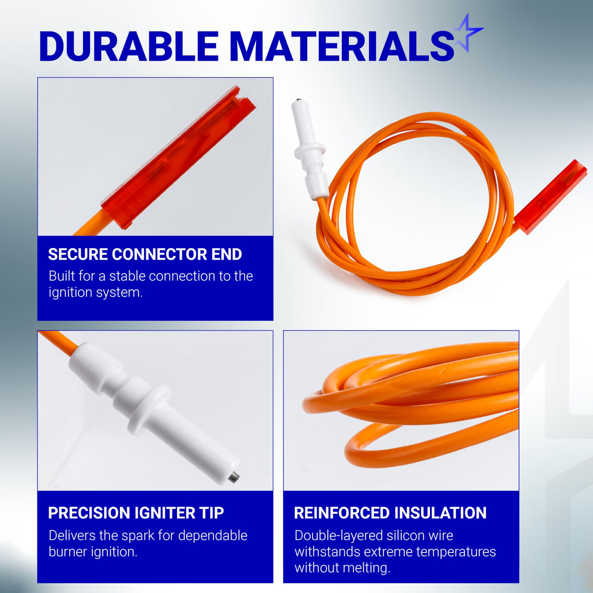 Collage showing durable materials of Samsung gas range burner igniter, including connector, tip, and insulated wire.