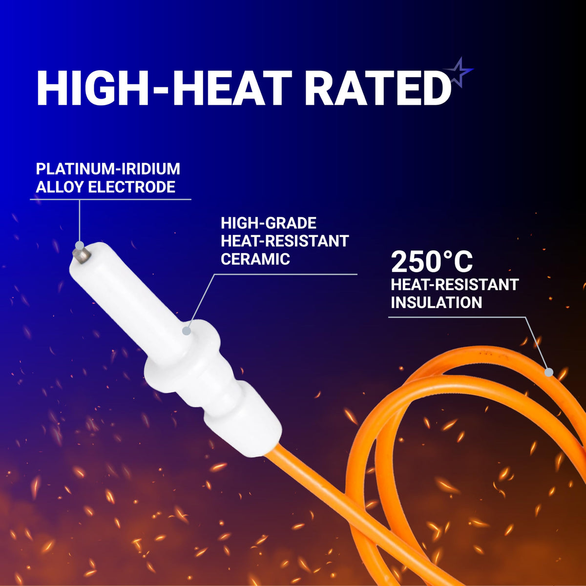 Diagram of DG94-00540A gas range igniter showing heat-resistant ceramic, platinum-iridium electrode, and insulation.