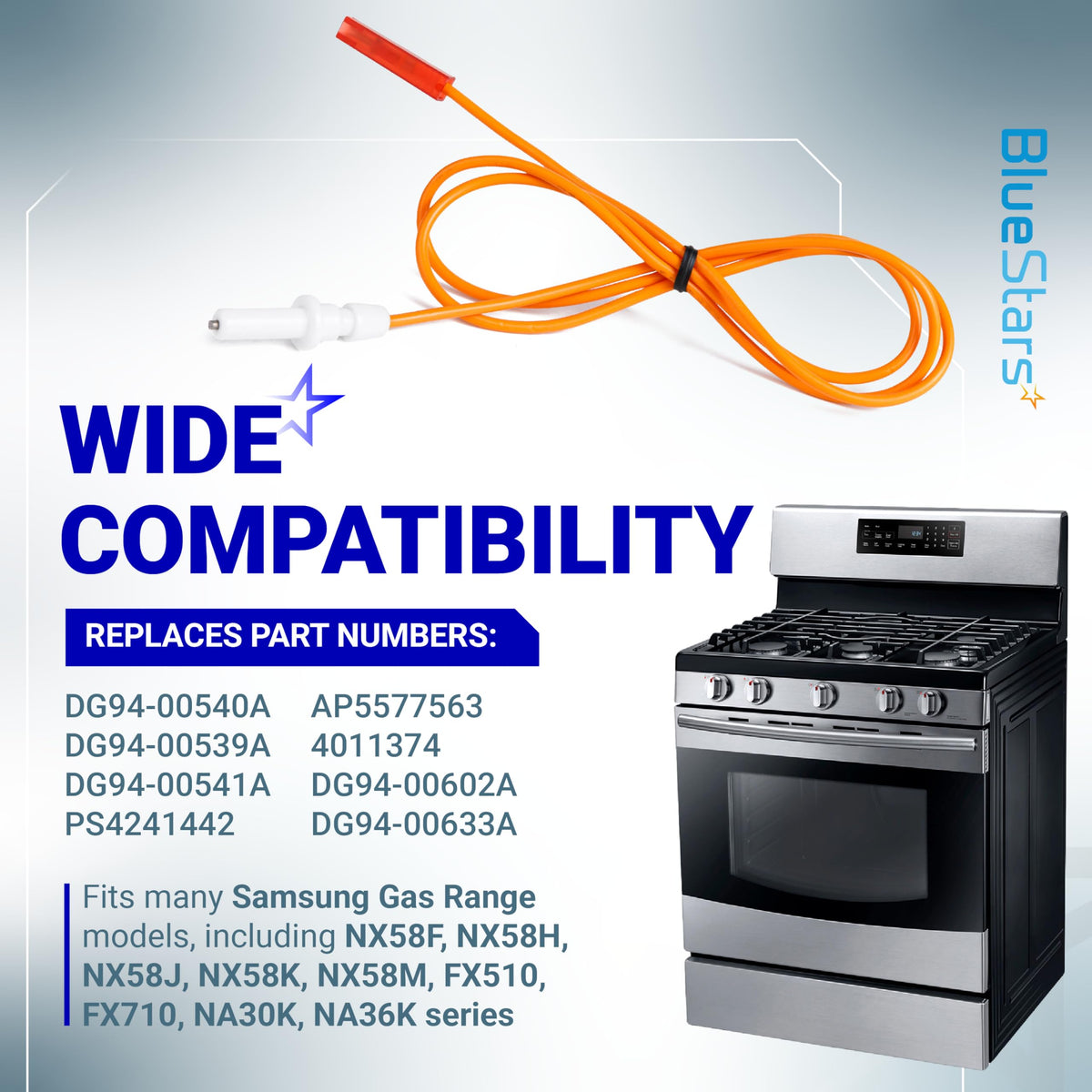 DG94-00540A surface burner igniter spark electrode for Samsung gas range with compatibility list and stove image.