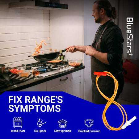 DG94-00540A surface burner igniter for Samsung gas range shown with infographic for troubleshooting ignition issues.