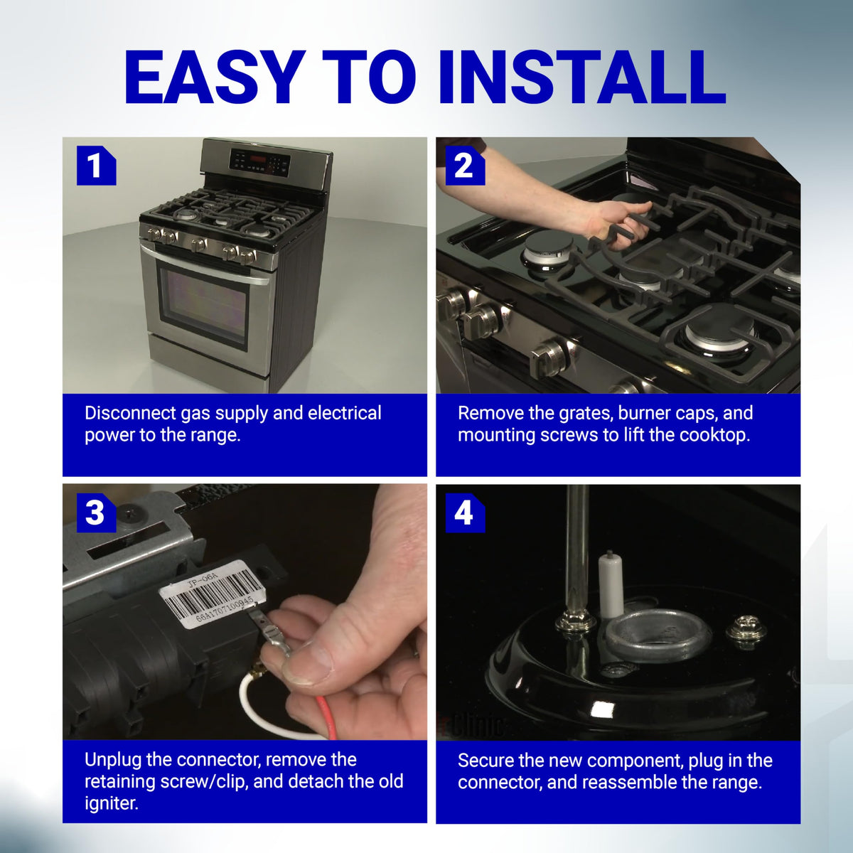 Four-step installation guide for Samsung gas range surface burner igniter DG94-00540A.