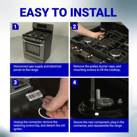 Four-step installation guide for Samsung gas range surface burner igniter DG94-00540A.