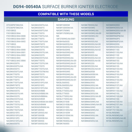 Compatibility chart for Samsung DG94-00540A gas range surface burner igniter electrode.