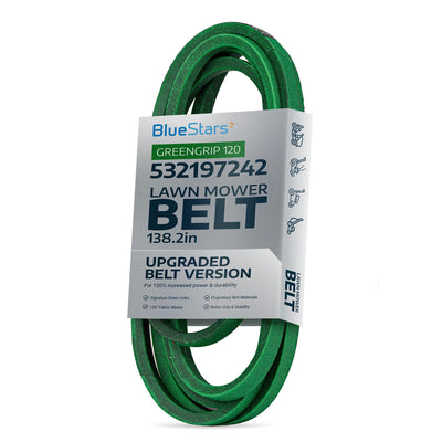 532197242 138.2-inch green lawn mower deck belt in BlueStars packaging for Husqvarna and Craftsman mowers.