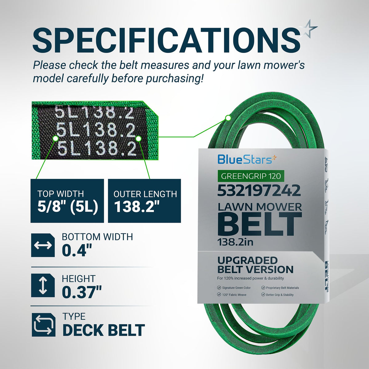 Specification chart for 532197242 138.2-inch green lawn mower deck belt showing dimensions and product details.