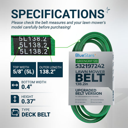Specification chart for 532197242 138.2-inch green lawn mower deck belt showing dimensions and product details.