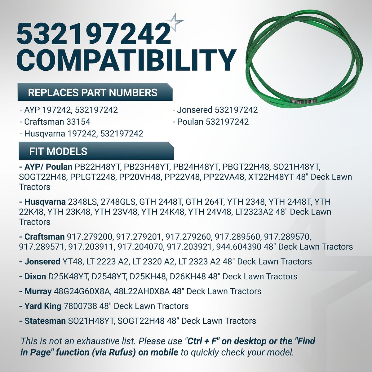 532197242 deck belt compatibility chart for Husqvarna, Craftsman, and Poulan 48-inch lawn mower decks.