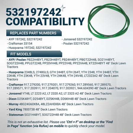 532197242 deck belt compatibility chart for Husqvarna, Craftsman, and Poulan 48-inch lawn mower decks.
