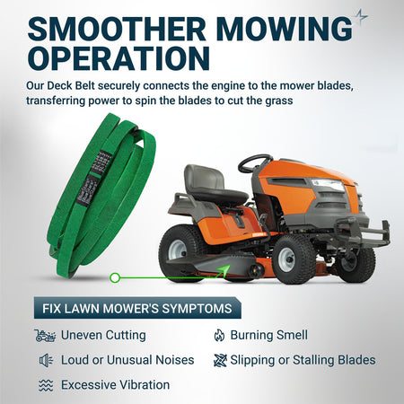 Green 532197242 deck belt for 48-inch lawn mower decks shown with installation diagram and common repair symptoms.