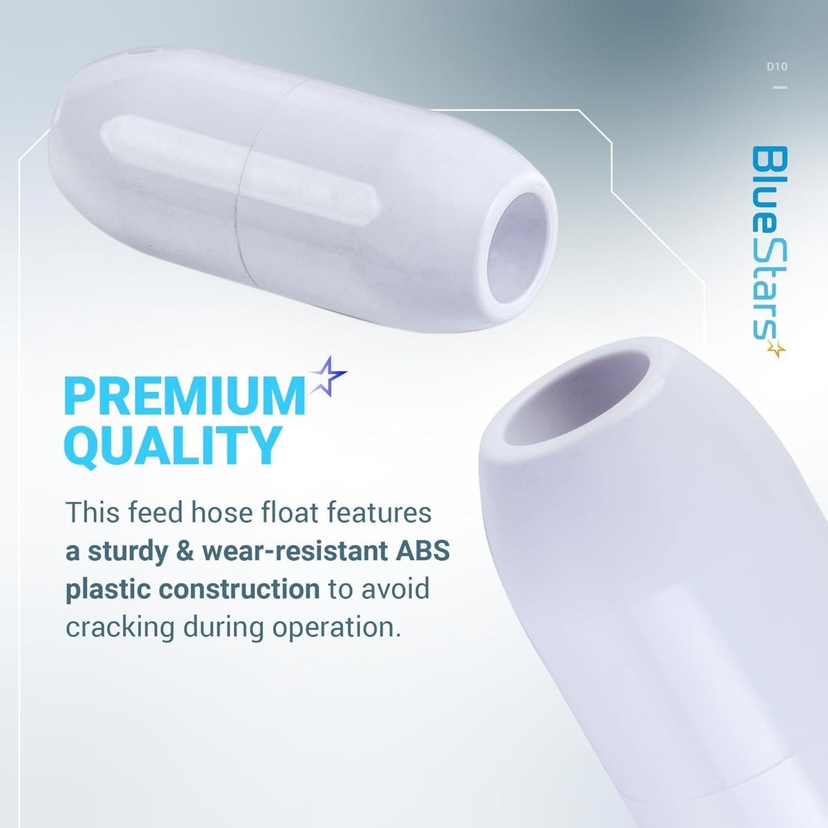 Close-up of D10 pool cleaner feed hose float replacement made of durable white ABS plastic.