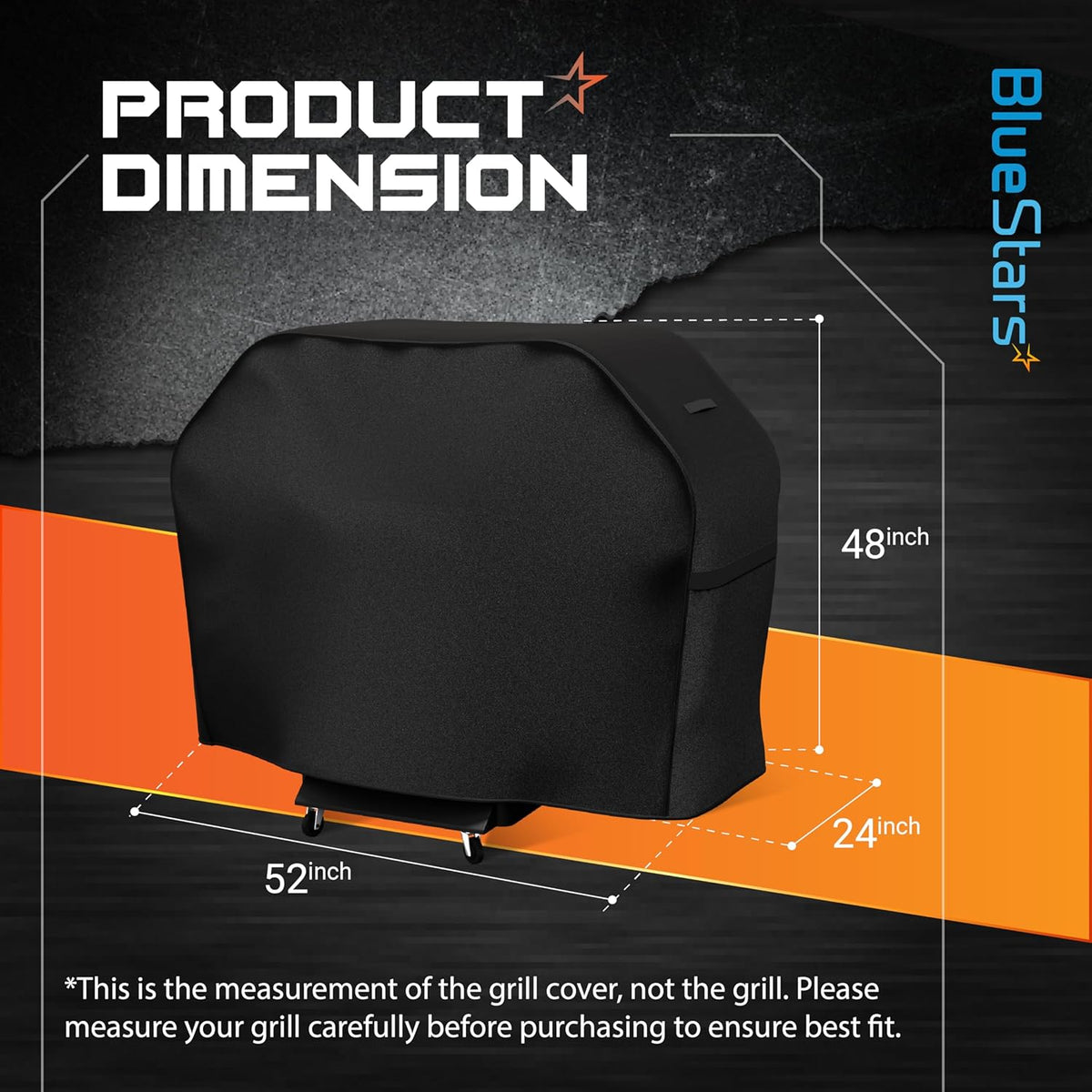 Dimension diagram of 52-inch outdoor gas grill cover showing height, width, and depth measurements.