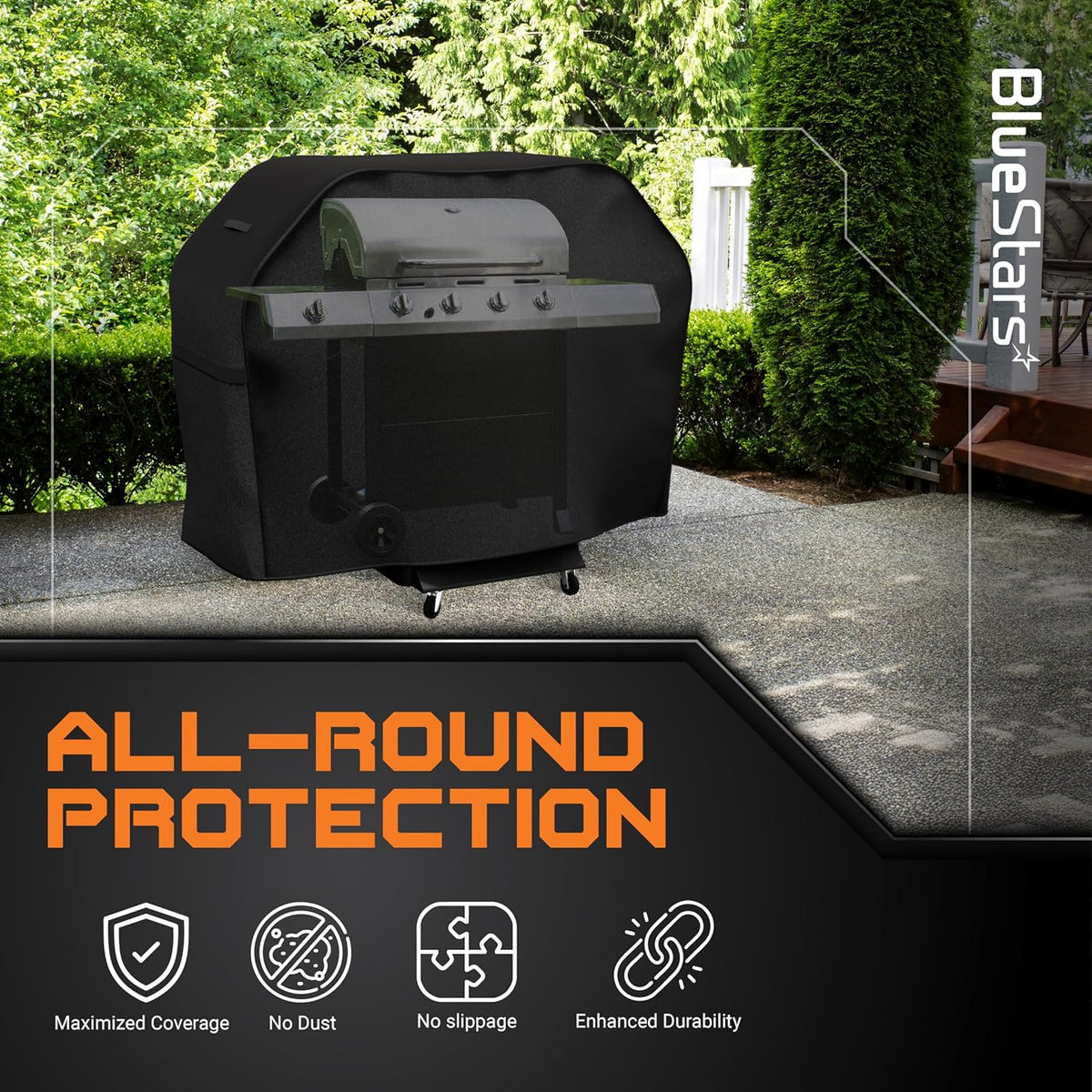 52-inch black 600D grill cover providing all-round protection for an outdoor gas grill.