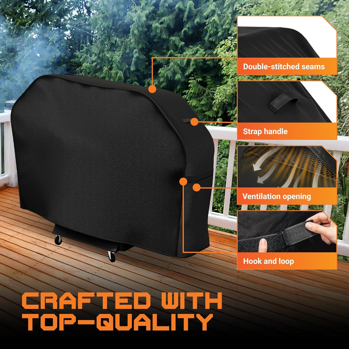 52 inch grill cover features with callouts for double-stitched seams, strap handles, ventilation, and hook and loop.