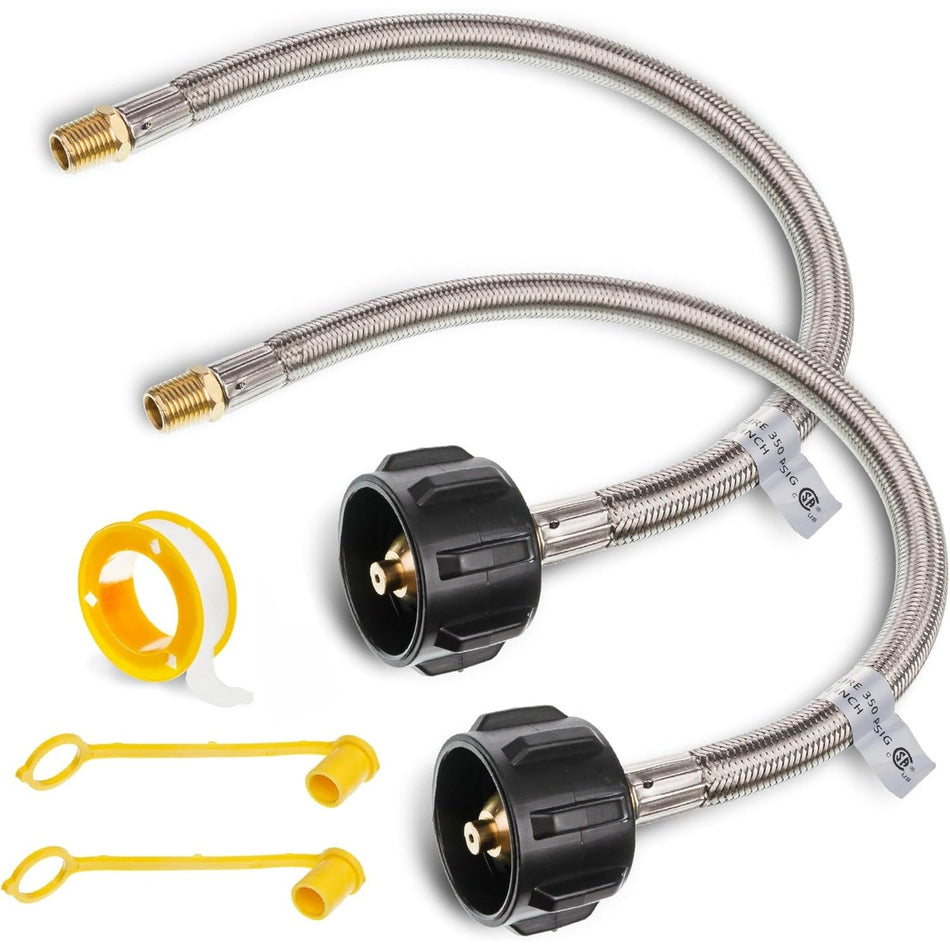 [1/4 Male NPT] 15 inch Stainless Braided RV Propane Pigtail Hose with QCC1 - Propane Tank Connector for BBQ RV Camper Two-Stage Regulator - 2 Pack, Includes Seal Tape