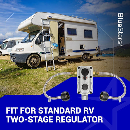 Two 15-inch stainless braided RV propane pigtail hoses with QCC1 connectors attached to a two-stage propane regulator.
