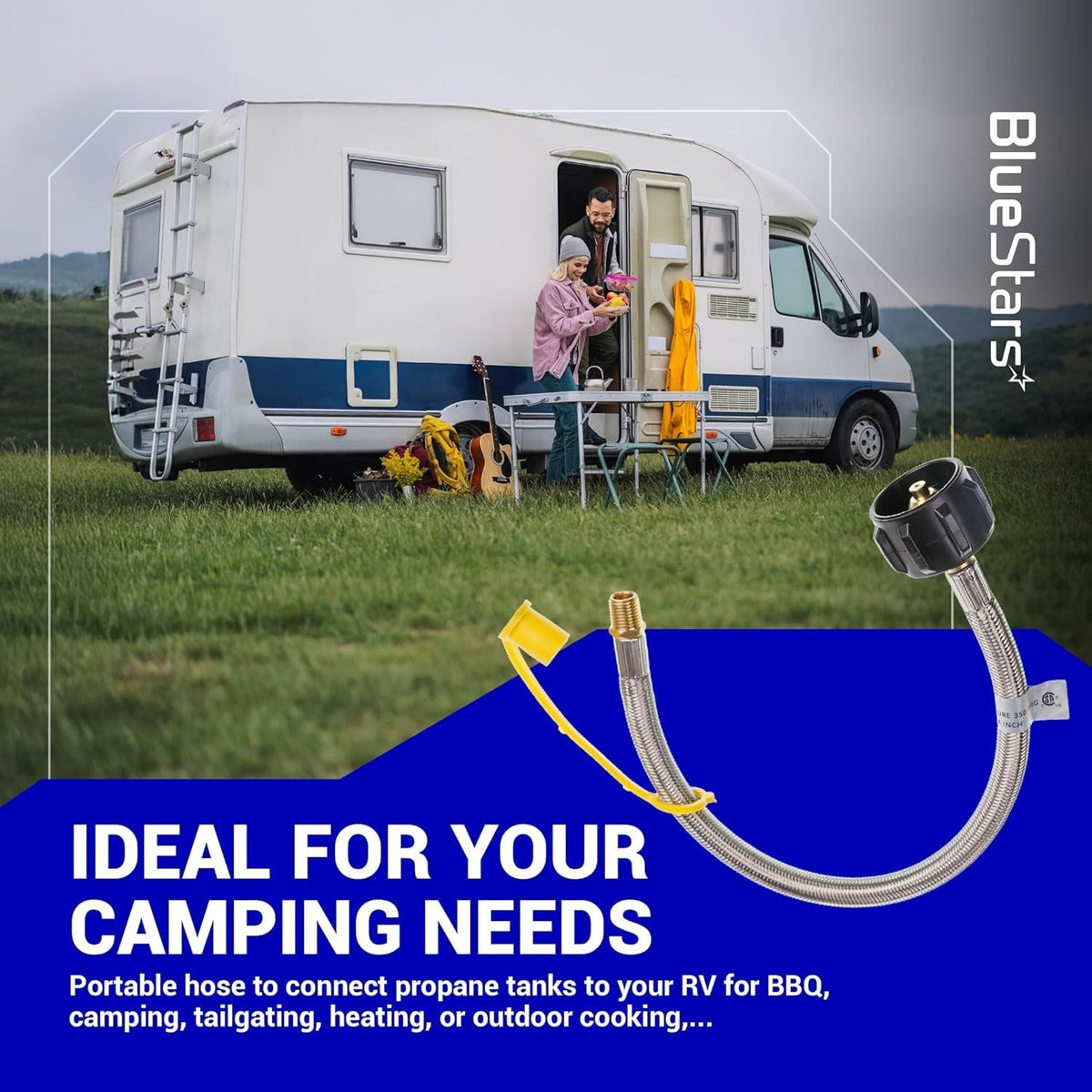 15 inch stainless braided RV propane pigtail hose with QCC1 connector shown against a camping lifestyle background.