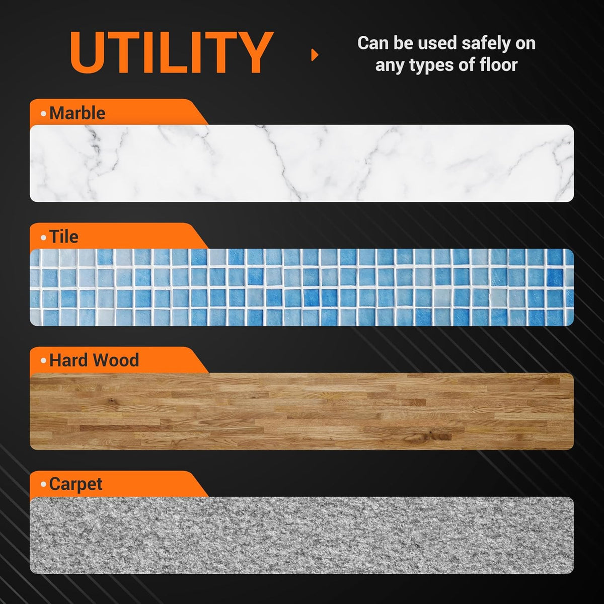 Infographic showing Bissell Powerfresh mop pads are safe for use on marble, tile, hardwood, and carpet floors.