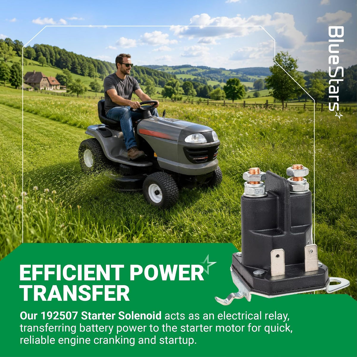 192507 Starter Solenoid promotional graphic showing the solenoid beside a riding lawn tractor in a field