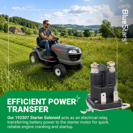 192507 Starter Solenoid promotional graphic showing the solenoid beside a riding lawn tractor in a field