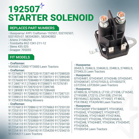 192507 Starter Solenoid, product photo with replacement part numbers and fit model lists