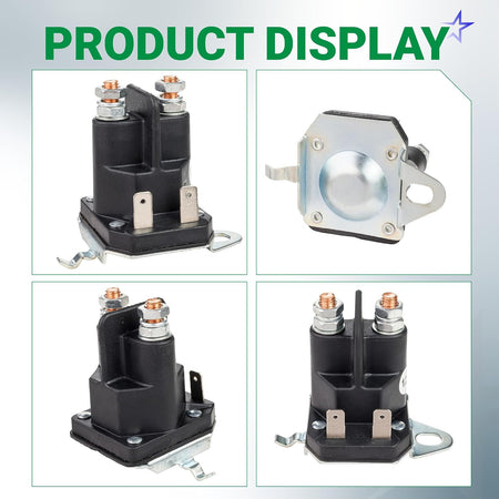 192507 starter solenoid, product display showing four views of the black 12V four-post solenoid