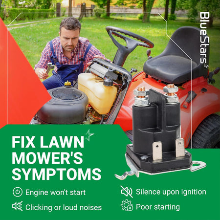 192507 Starter Solenoid, promotional graphic showing the solenoid beside a riding mower and listed starting symptoms