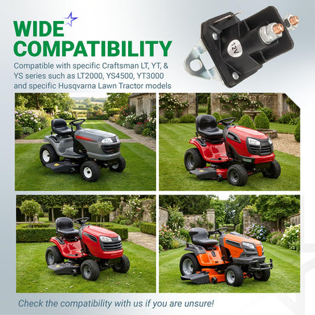 192507 Starter Solenoid compatibility graphic with solenoid and four riding lawn tractors