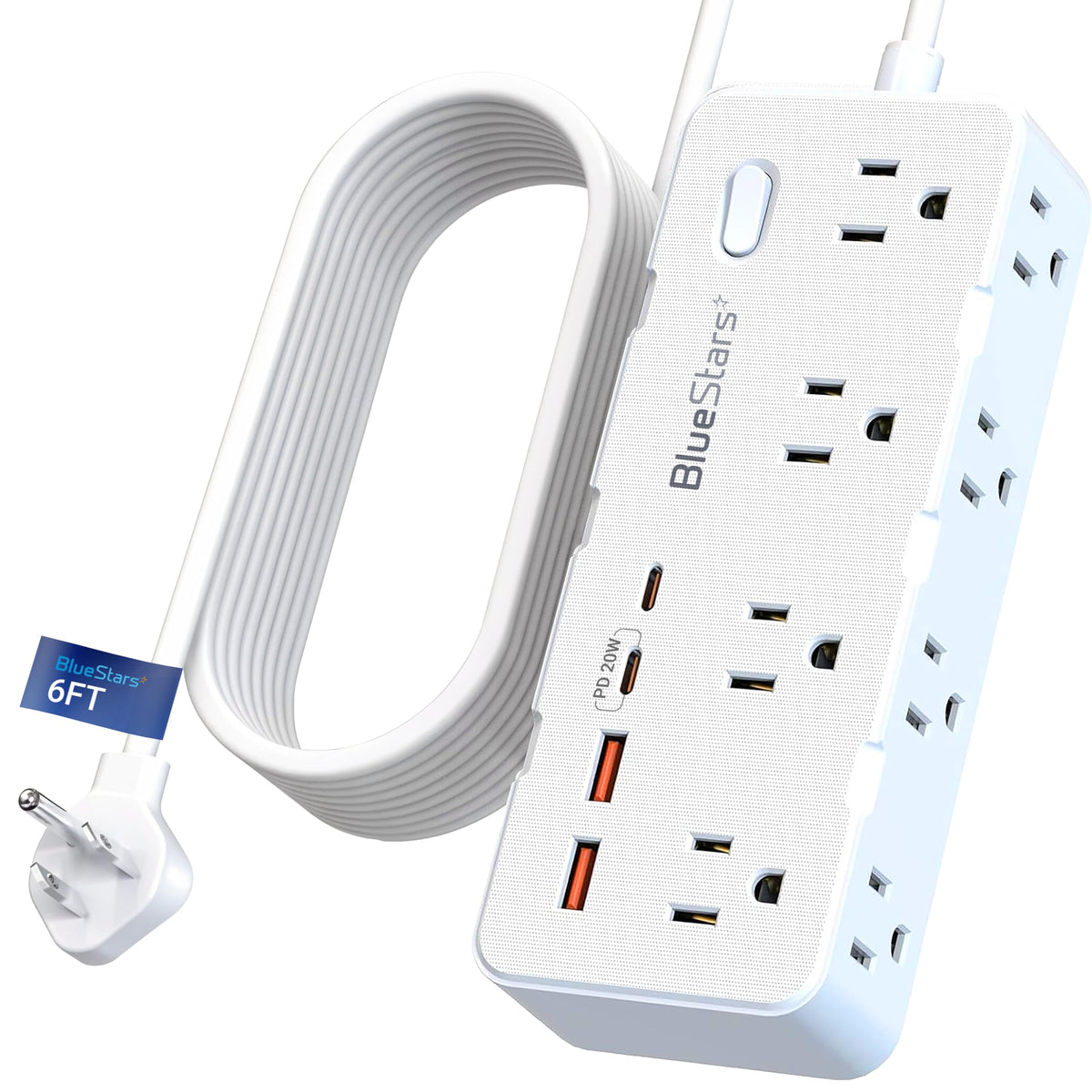 White 6ft surge protector power strip with 8 AC outlets, 2 USB-C and 2 USB-A ports, and a flat plug.