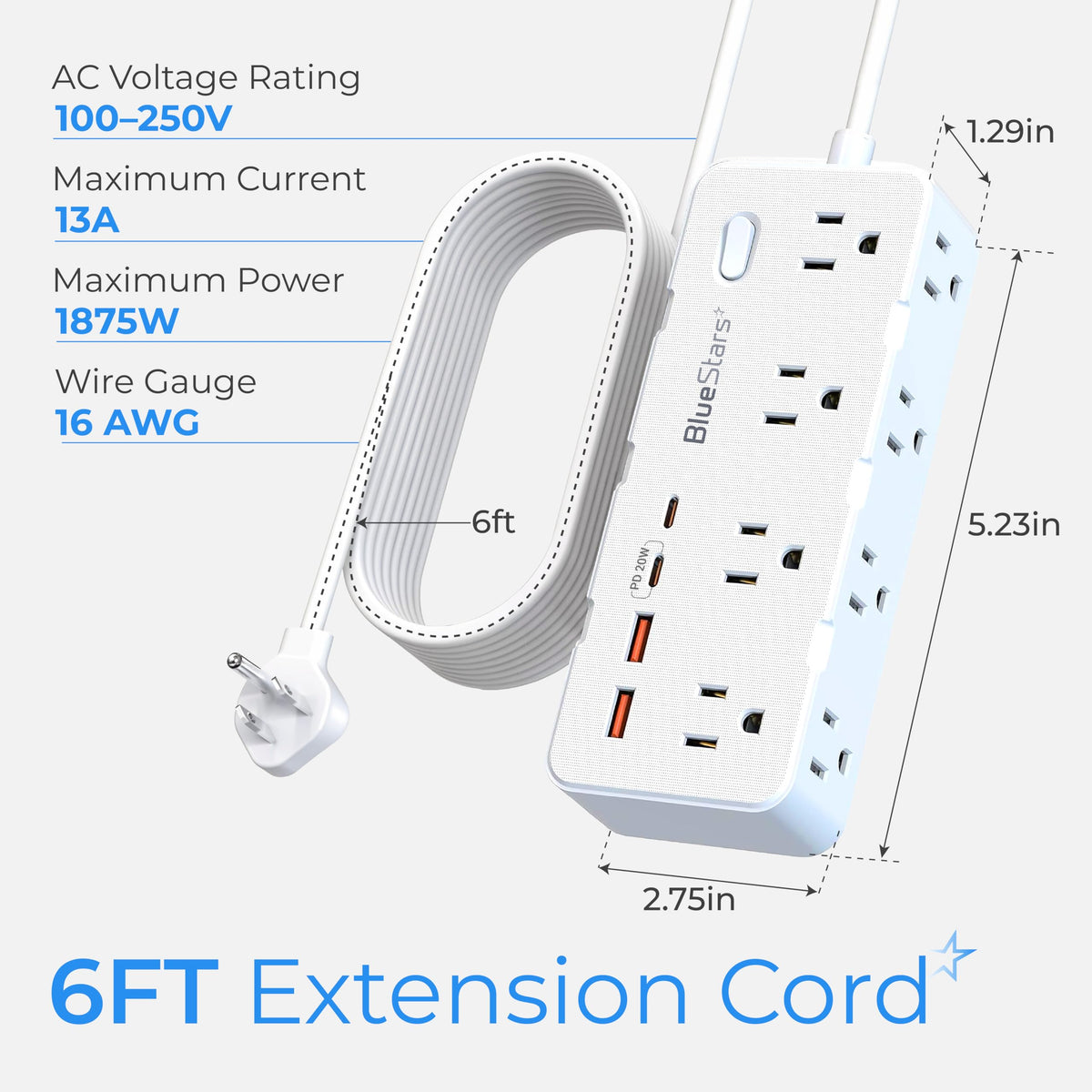 Technical diagram of 6ft extension cord surge protector showing dimensions and electrical specifications.