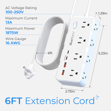 Technical diagram of 6ft extension cord surge protector showing dimensions and electrical specifications.
