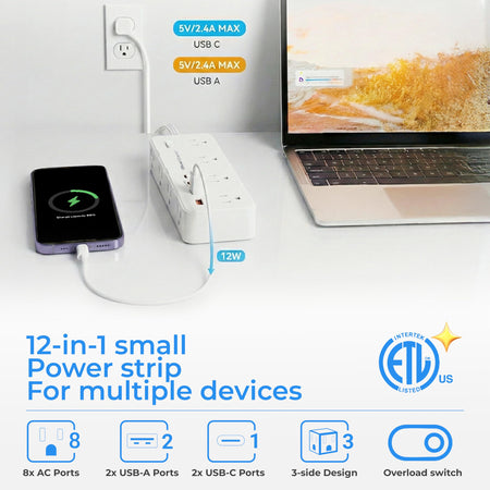 Power strip charging a smartphone and laptop with 12-in-1 outlet and USB port diagram.