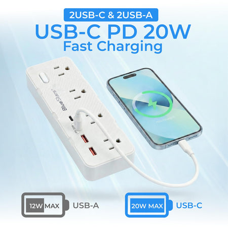Power strip with USB-C PD 20W fast charging port connected to a smartphone.