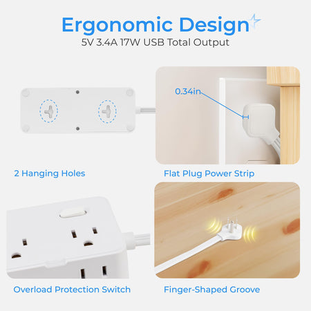 Power strip features showing wall mount hanging holes, flat plug design, overload protection switch, and finger groove.