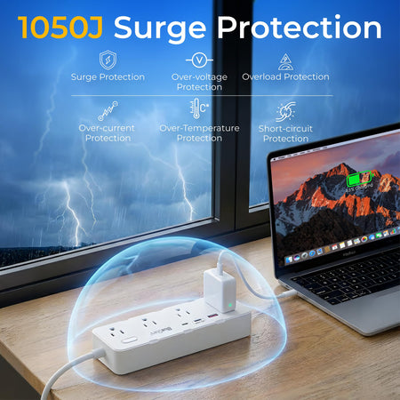 Power strip with 1050J surge protection features, charging a laptop near a window during a storm.