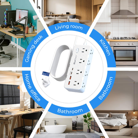 6ft extension cord surge protector with 8 AC outlets and 4 USB ports shown in a multi-room usage collage.