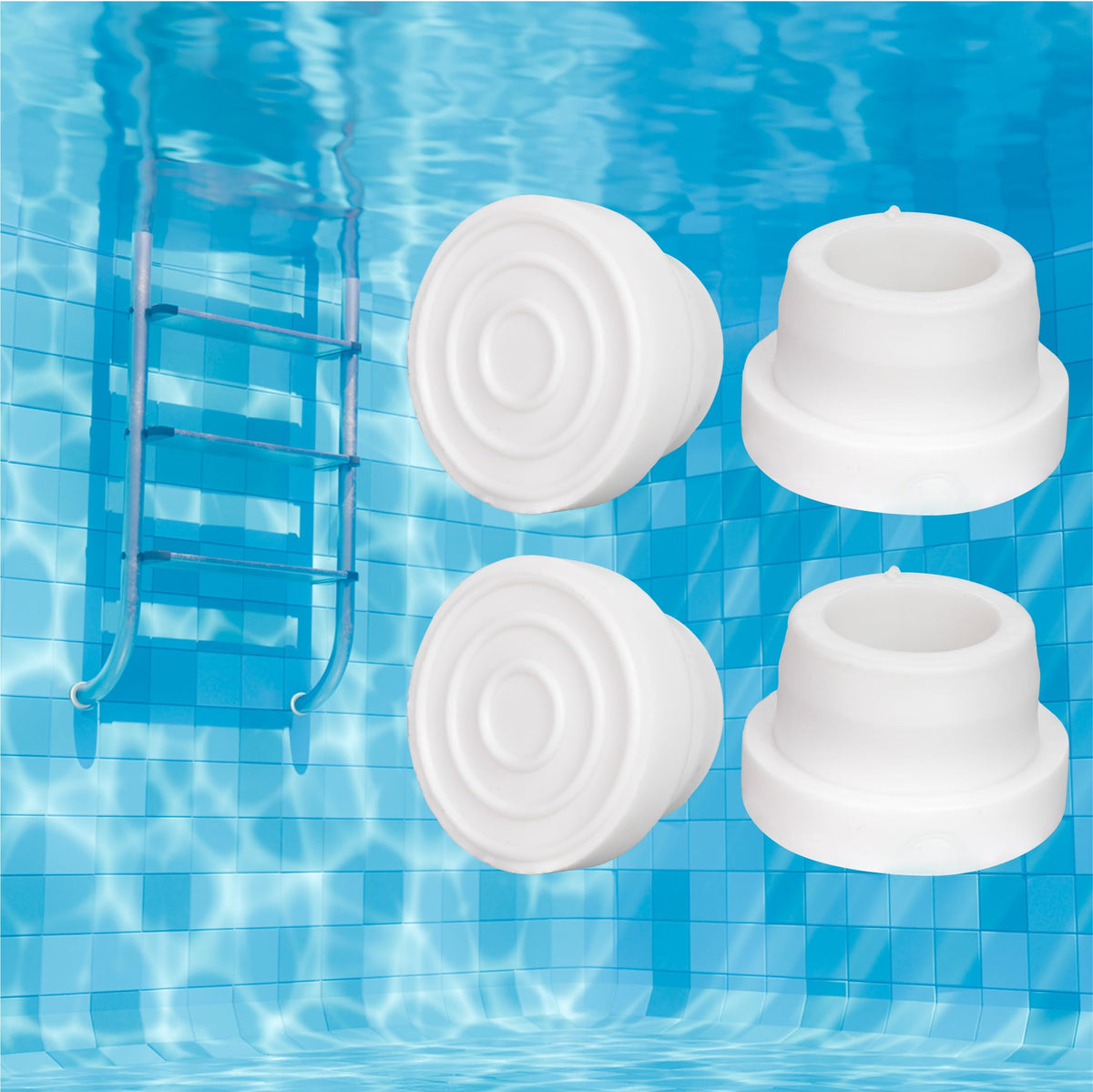 Two white rubber pool ladder bumpers for 1.9-inch tubing shown from top and side angles.