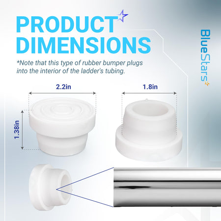 Dimensional diagram of white rubber pool ladder bumper end caps showing 1.9-inch tubing compatibility.