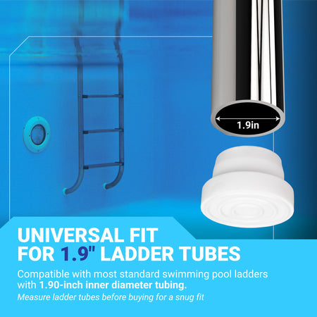 White rubber pool ladder bumper showing compatibility with 1.9-inch standard inground pool ladder tubing.