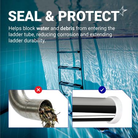 Comparison graphic showing pool ladder tube with debris versus protected with white rubber end cap bumper.