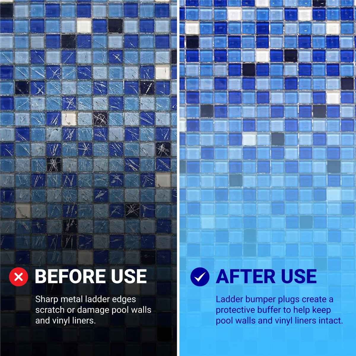 Comparison showing pool wall damage before and after using protective rubber pool ladder bumper end caps.