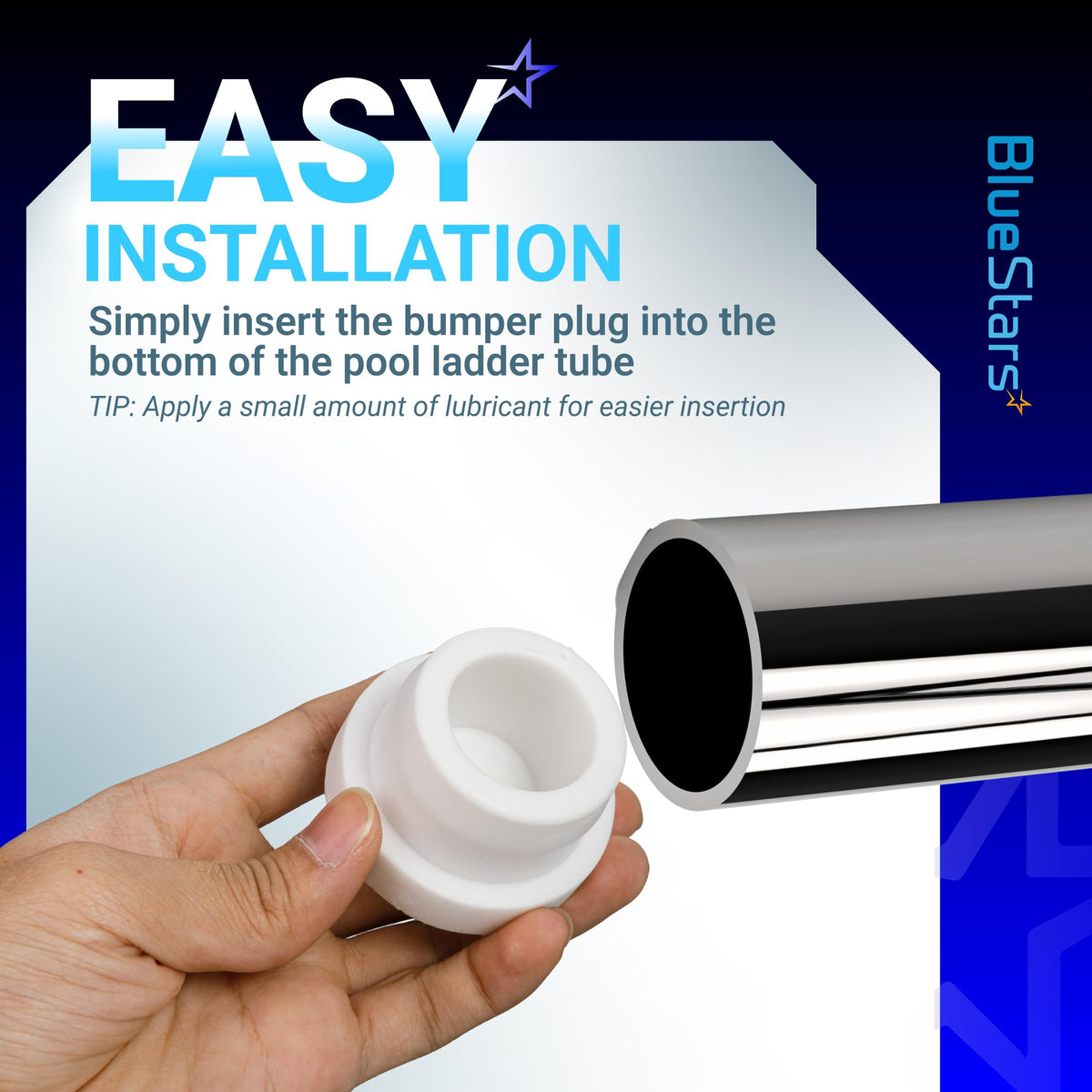 Hand holding white rubber pool ladder bumper plug for installation into 1.9-inch inground pool ladder tubing.