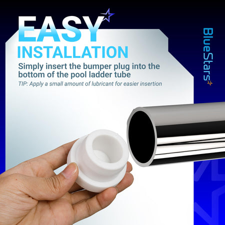Hand holding white rubber pool ladder bumper plug for installation into 1.9-inch inground pool ladder tubing.