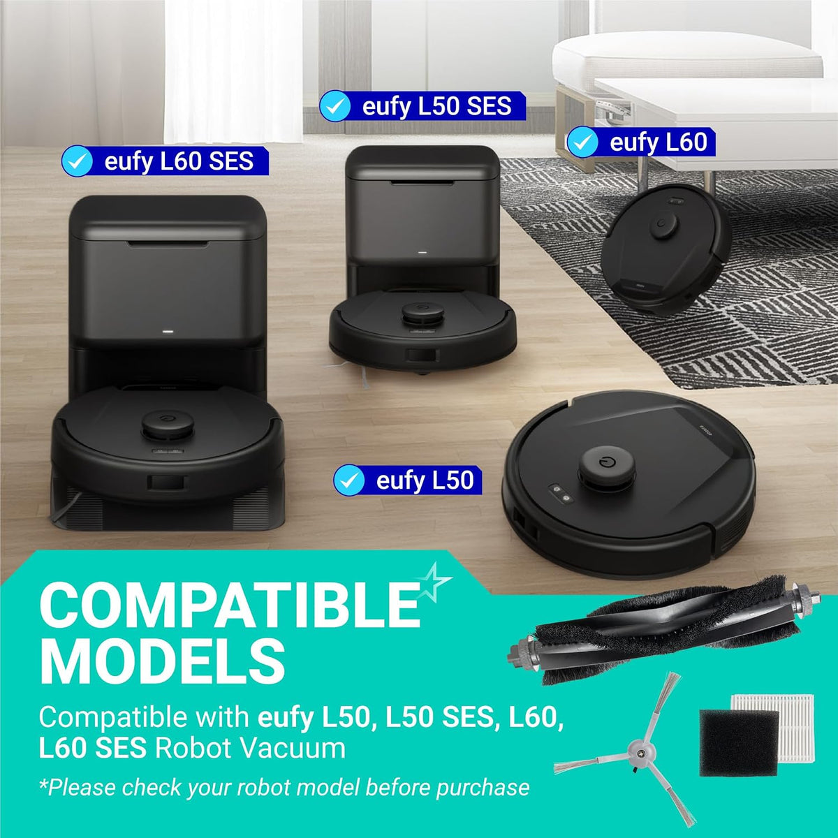 20-Pack Replacement Parts Kit for eufy L50 L60 Robot Vacuums, compatibility graphic with robot models and replacement parts