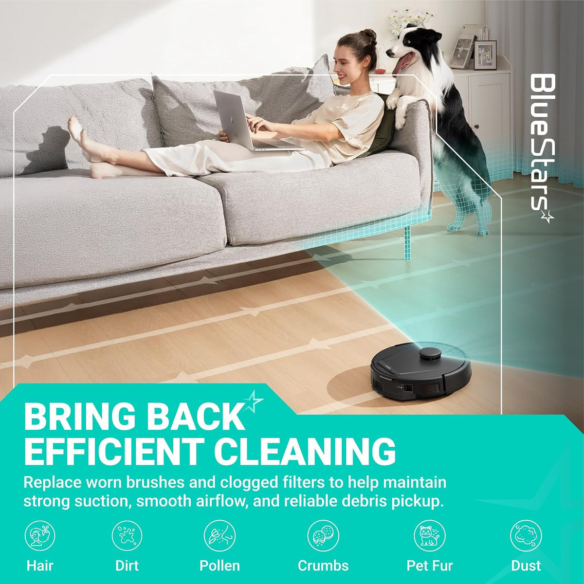 20-Pack Replacement Parts Kit for eufy L50 L60 Robot Vacuums, graphic showing robot vacuum cleaning beneath a sofa