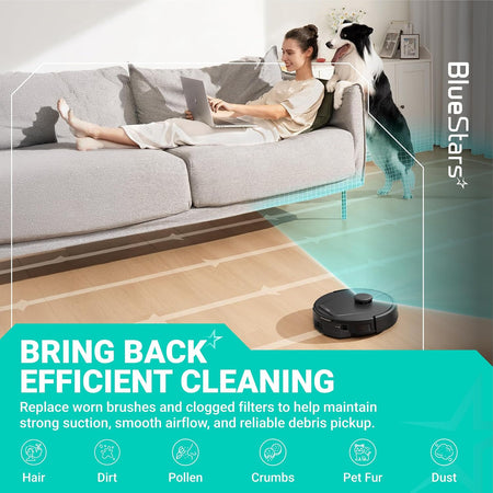 20-Pack Replacement Parts Kit for eufy L50 L60 Robot Vacuums, graphic showing robot vacuum cleaning beneath a sofa
