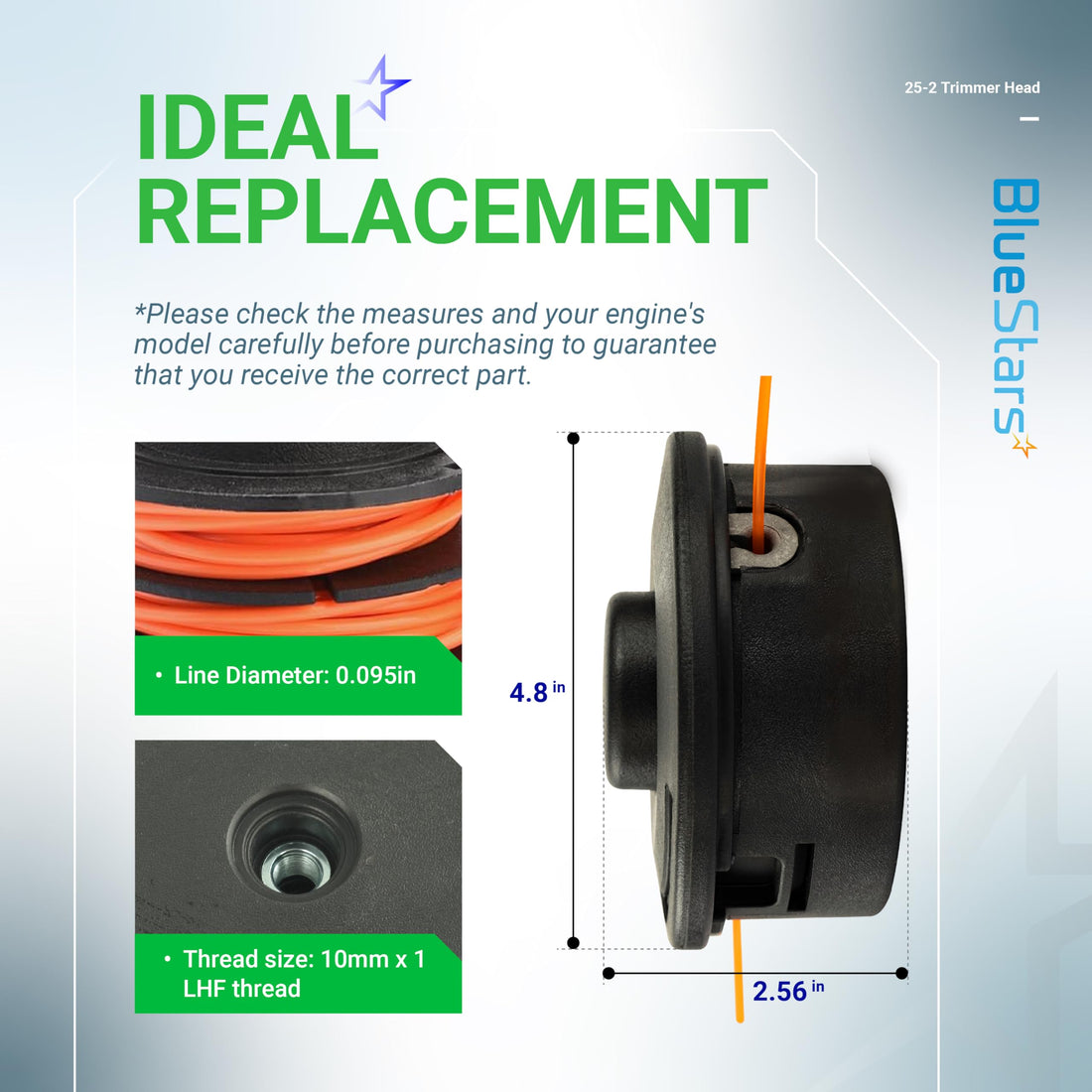 Infographic showing dimensions and specifications for 25-2 trimmer head compatible with Stihl string trimmers.
