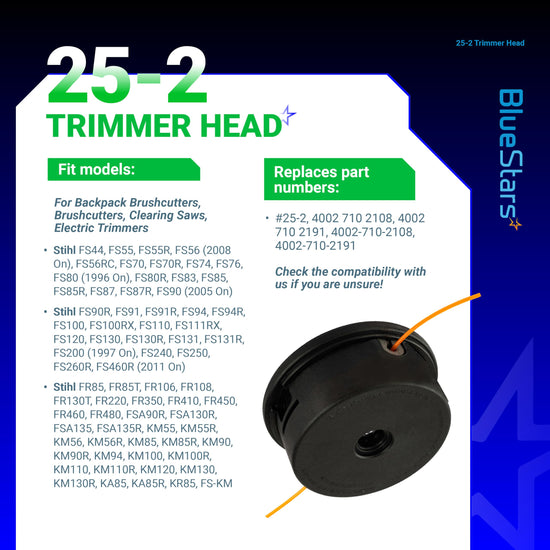 25-2 Trimmer Head for Stihl brushcutters with compatibility and part number information chart.