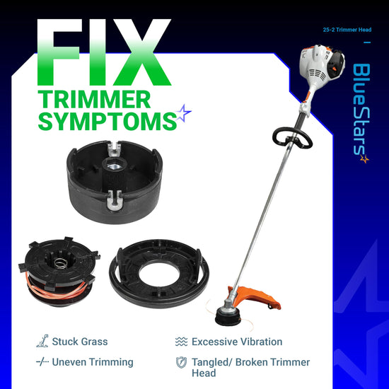 25-2 Trimmer Head components and assembled Stihl trimmer showing common repair symptoms.
