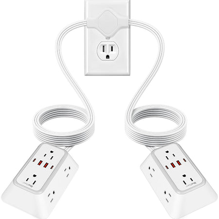 Twin Extension Cord Splitter 12 Ft, Dual 10-in-1 Power Strip shown connected to a wall outlet with two power strips